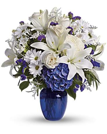 A blue vase filled with garden style white flowers and accented with a pop of blue! Hydrangeas, lilies, daisy mums, roses, and more.   Vase and/or flower variety will vary depending on availability. Arrangement will be as close as possible, but may not be exact. 