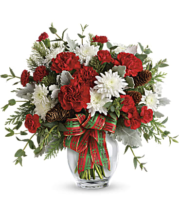 Clear vase filled red carnations, red miniature carnations, white spray chrysanthemums, mixed greenery, pinecones and ribbon.  Vase and/or flower variety will vary depending on availability. Arrangement will be as close as possible, but may not be exact.
