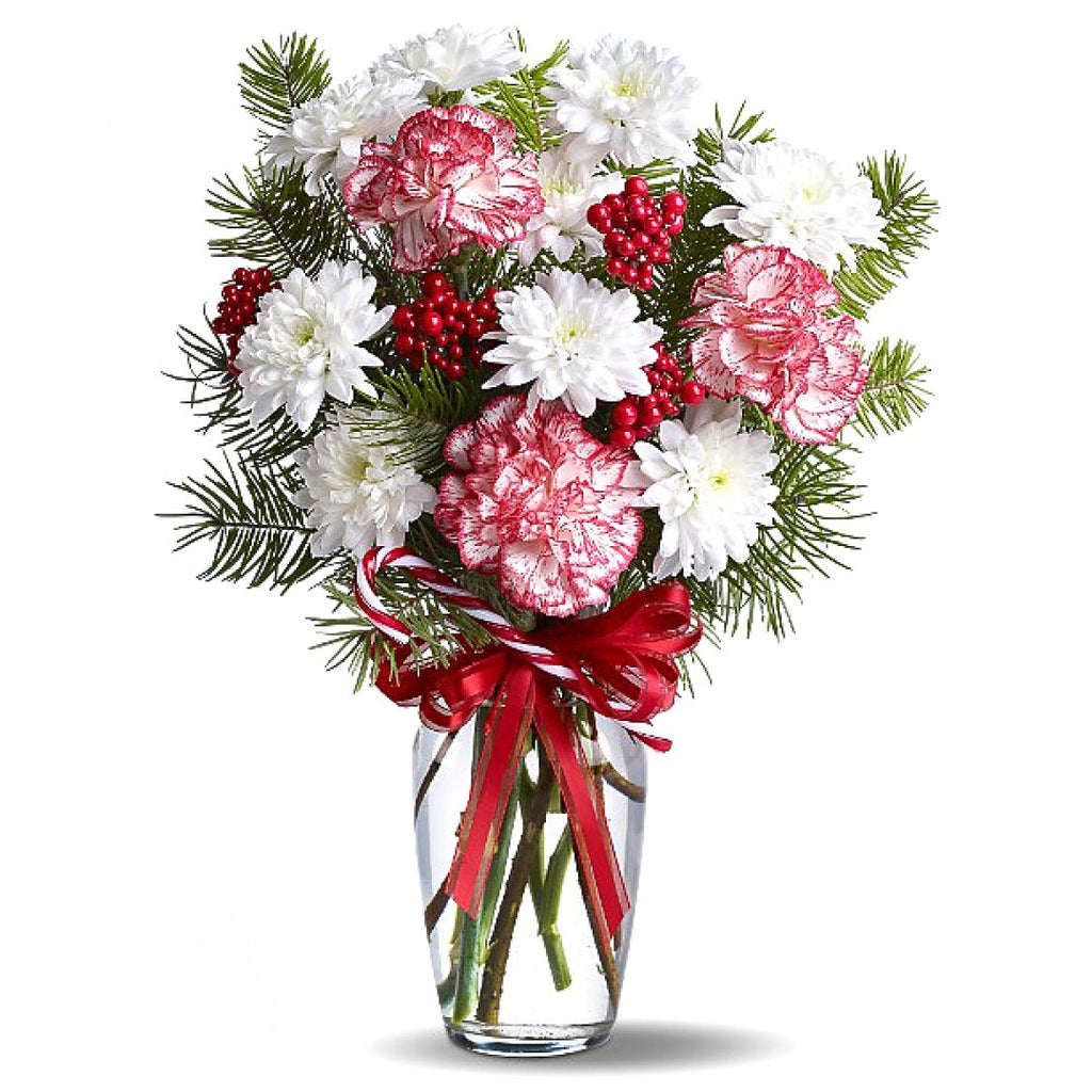 A small clear glass vase filled with assorted red and white flowers, berries, and fresh cut evergreens.  Vase and/or flower variety will vary depending on availability. Arrangement will be as close as possible, but may not be exact.