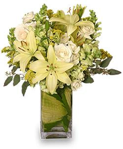 All white flowers such as roses, lilies, and more in a  rectangular vase with a leaf wrapped around the bottom.   Vase and/or flower variety will vary depending on availability. Arrangement will be as close as possible, but may not be exact.