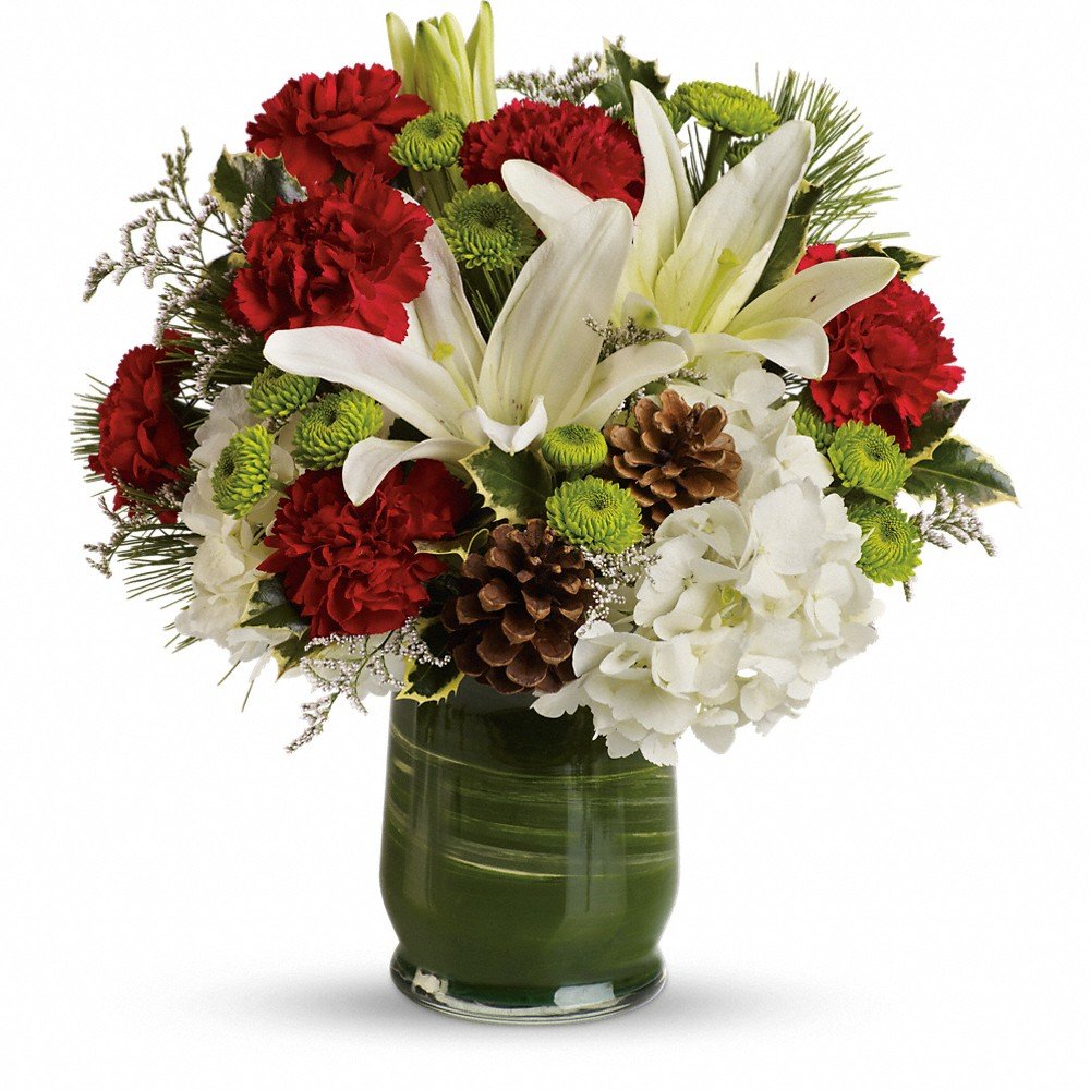 A beautiful combination of red, white, and green flowers such as carnations, button mums, and hydrangea. Pine cones and assorted fresh cut evergreens finish it off. The clear vase comes with a green leaf wrap.   Vase and/or flower variety will vary depending on availability. Arrangement will be as close as possible, but may not be exact.