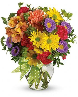 A vase of bright long lasting flowers such as carnations, daisies and alstromeria in yellow, orange, red and lavender.    Vase and/or flower variety will vary depending on availability. Arrangement will be as close as possible, but may not be exact.